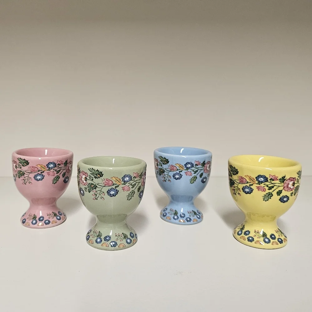 Pottery Barn Floral  Ceramic Botanical Bunny Egg Cups Set - Pastel Colors